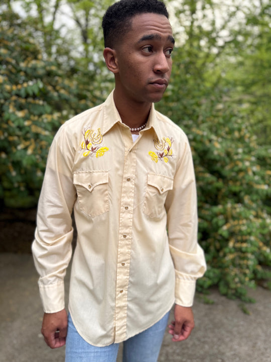 Men's Tan Western Shirt, Horseshoe Floral Embroidery, Champion Western