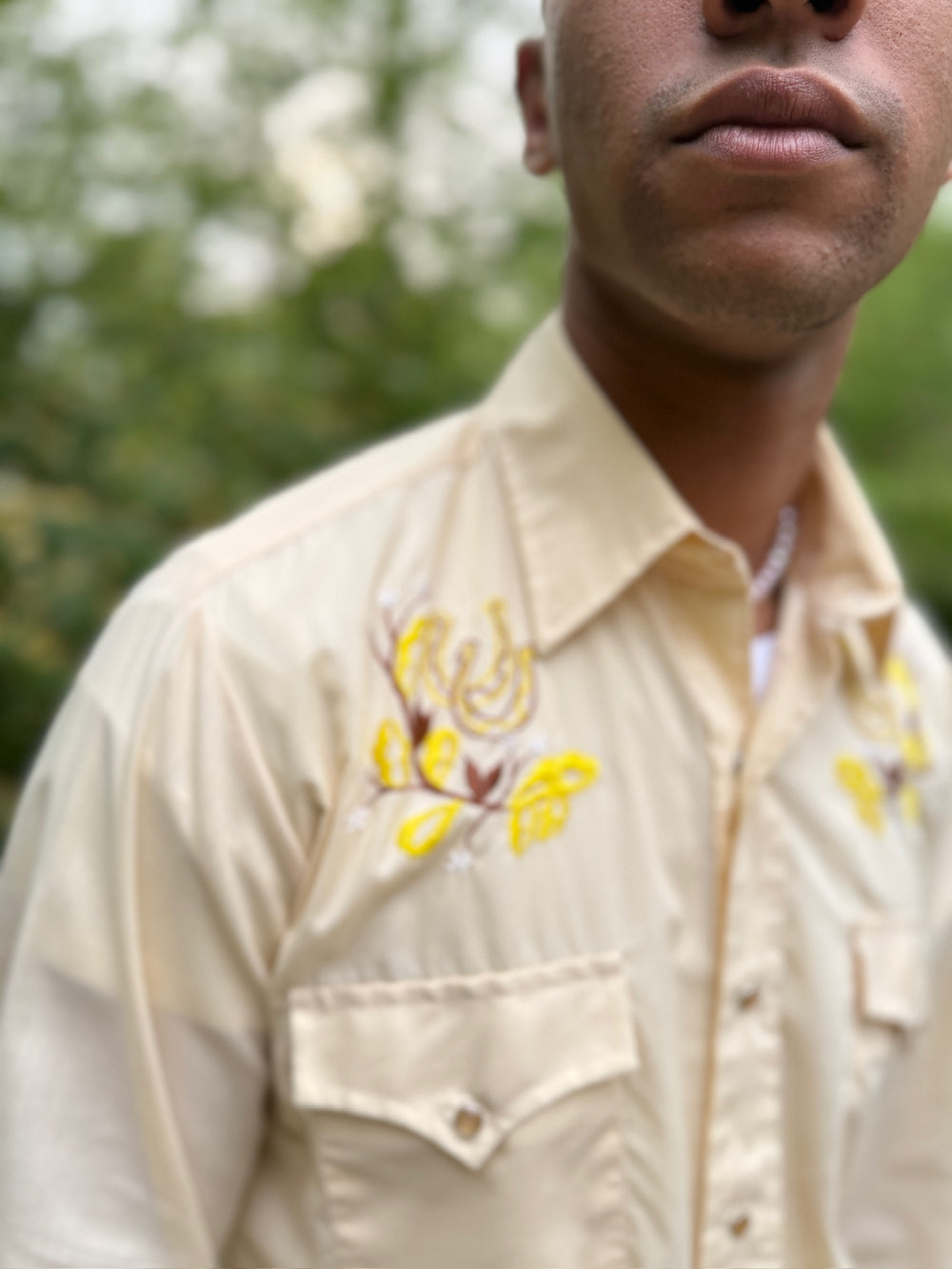 Men's Tan Western Shirt, Horseshoe Floral Embroidery, Champion Western