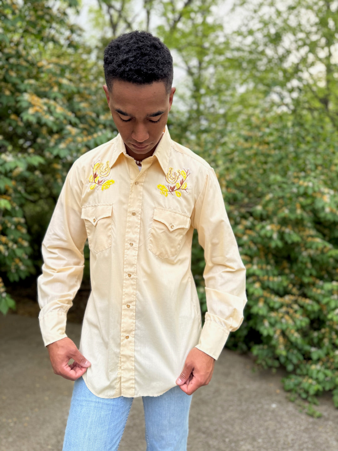 Men's Tan Western Shirt, Horseshoe Floral Embroidery, Champion Western