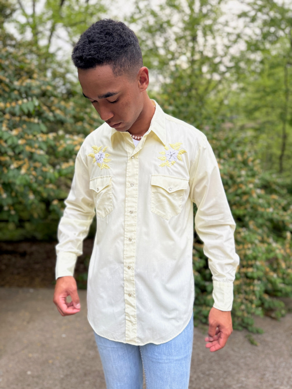 Mens Yellow LS Western Shirt Floral Embroidery Chute #1