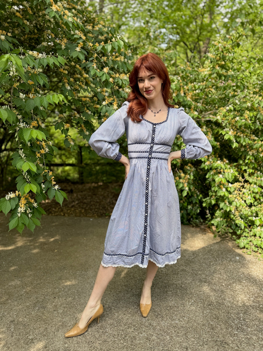 70s White Blue Cotton Calico Print Gunne Inspired Dress, Candi Jones, California 70s White Blue Cotton Calico Print Gunne Inspired Dress, Candi Jones, California