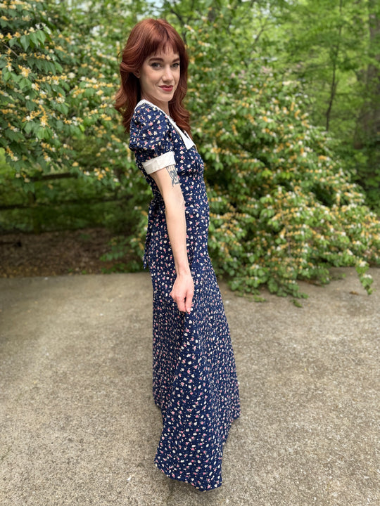 70s Blue Floral Cotton Seersucker Maxi Dress, White Collar