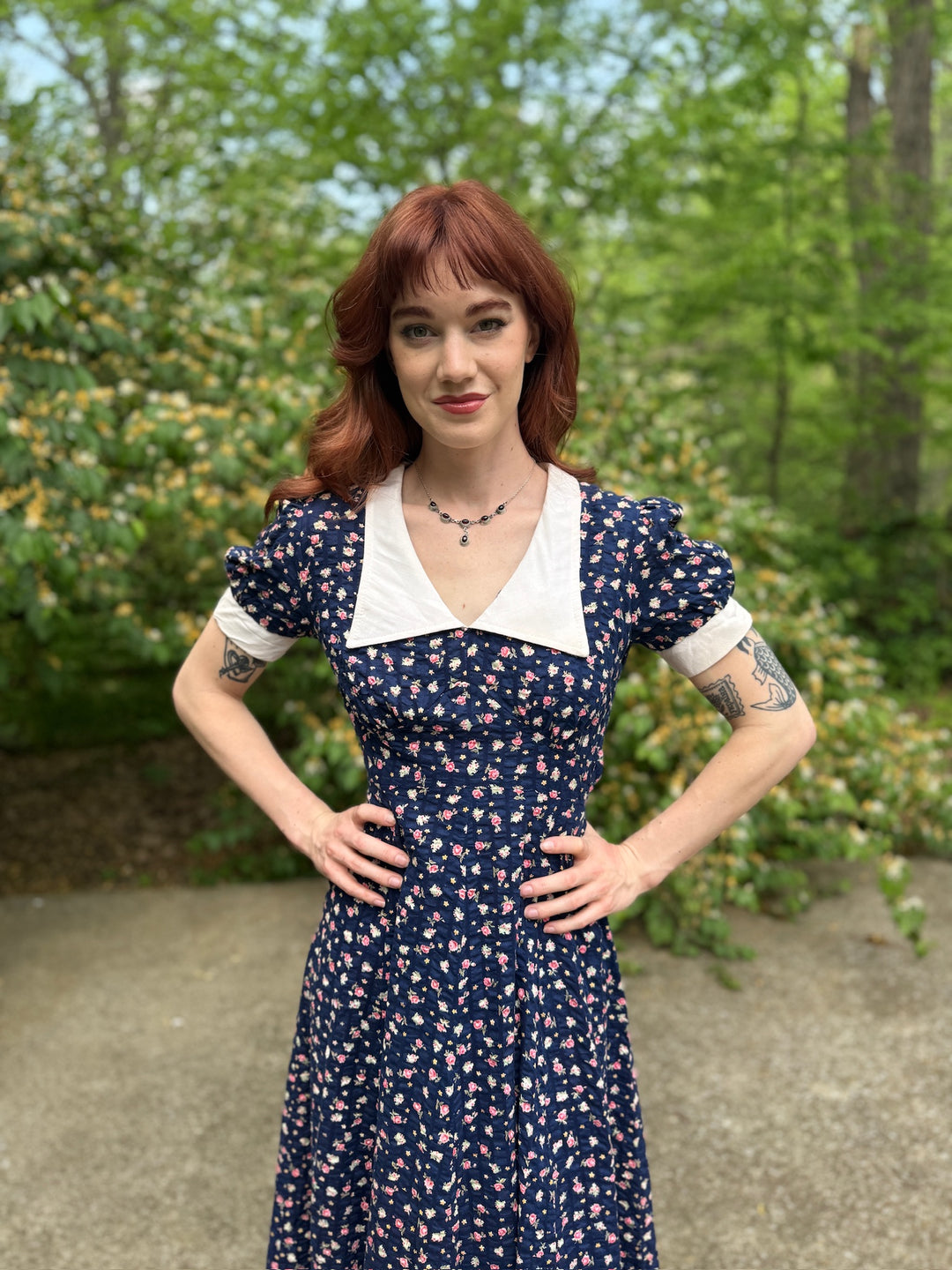 70s Blue Floral Cotton Seersucker Maxi Dress, White Collar