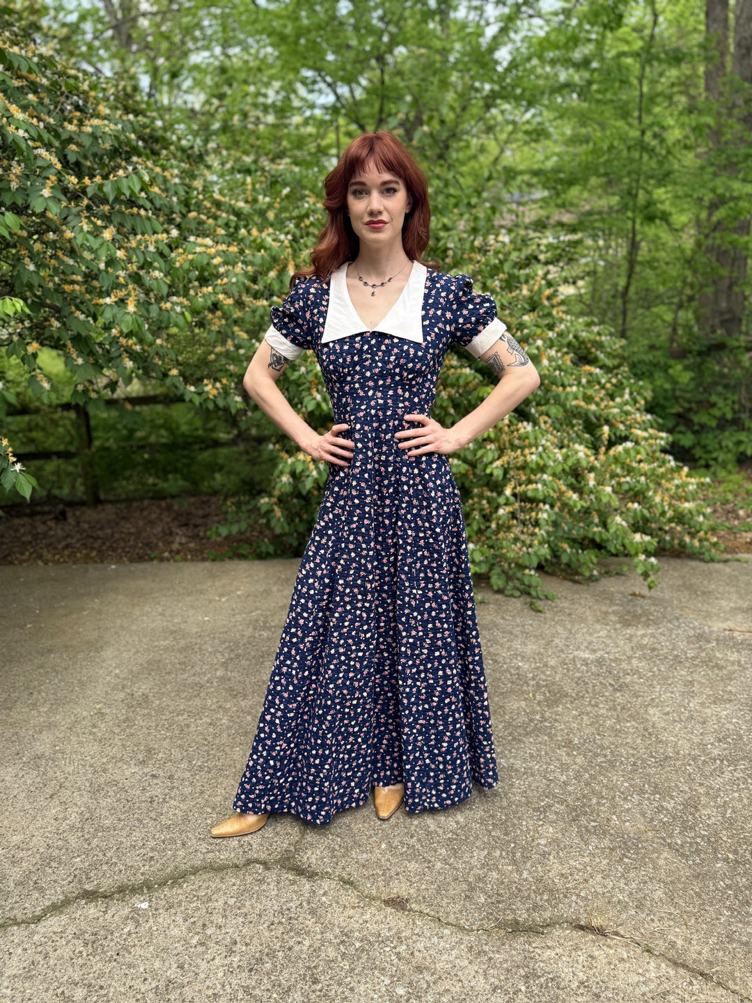 70s Blue Floral Cotton Seersucker Maxi Dress, White Collar