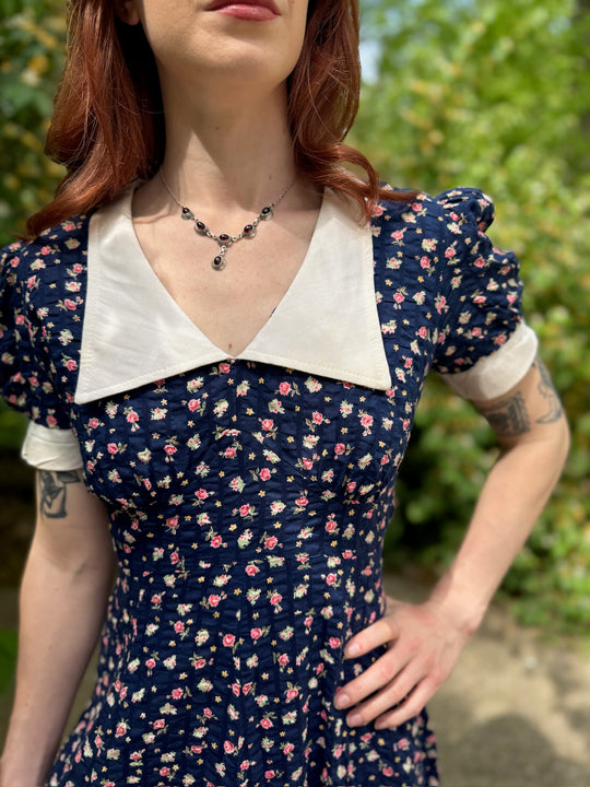 70s Blue Floral Cotton Seersucker Maxi Dress, White Collar
