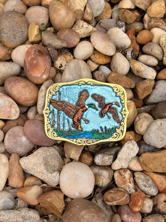 Brass Belt Buckle: 2 Mallard Ducks by The Great American Buckle Co