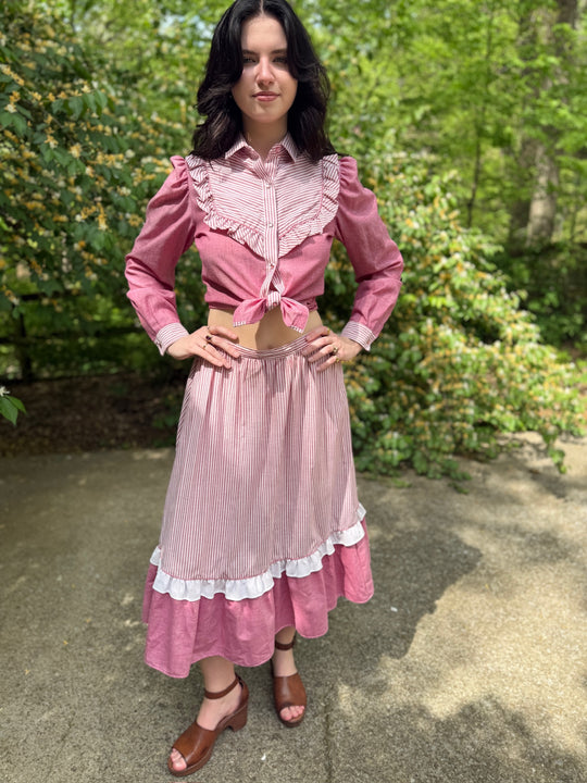 80s Red Chambray Cotton Western Skirt Set, Millie