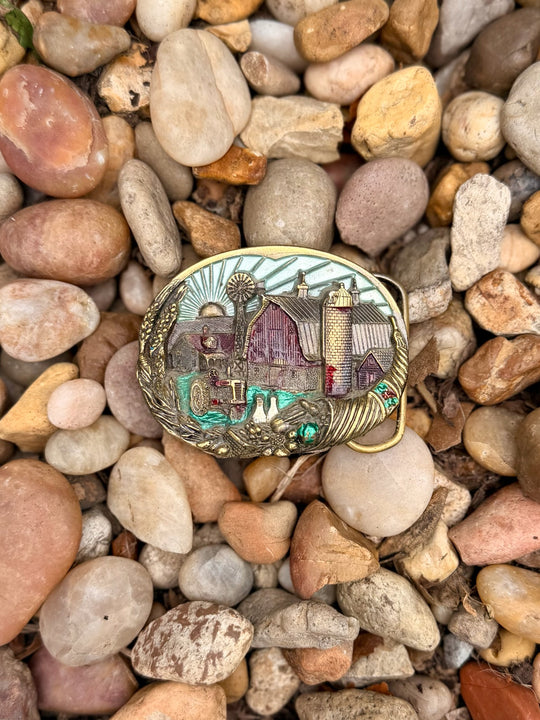 Brass Belt Buckle: Barn scene by Great American Buckle Company
