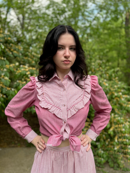 80s Red Chambray Cotton Western Skirt Set, Millie