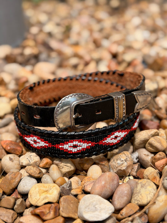 Black Leather Belt with Red Black Beading