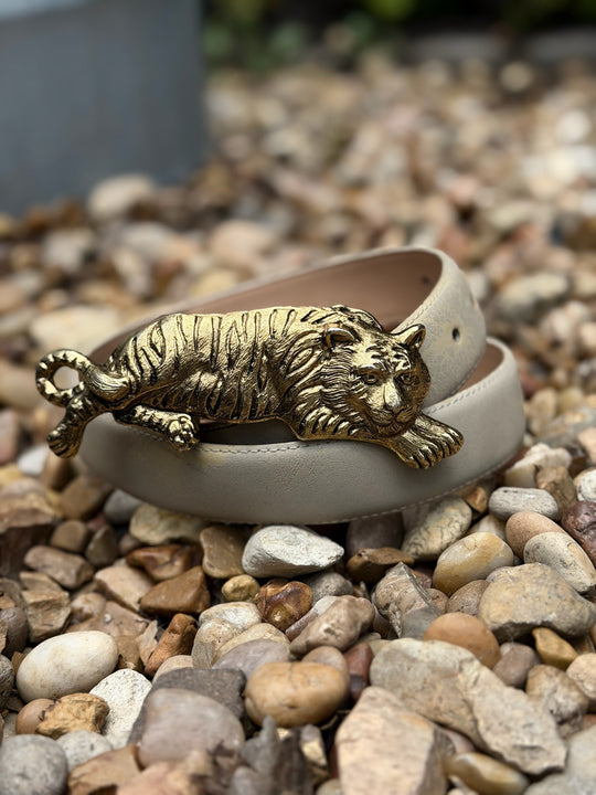 Vintage Beige leather belt with Tiger Buckle