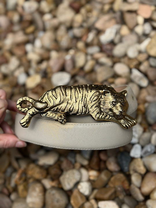 Vintage Beige leather belt with Tiger Buckle