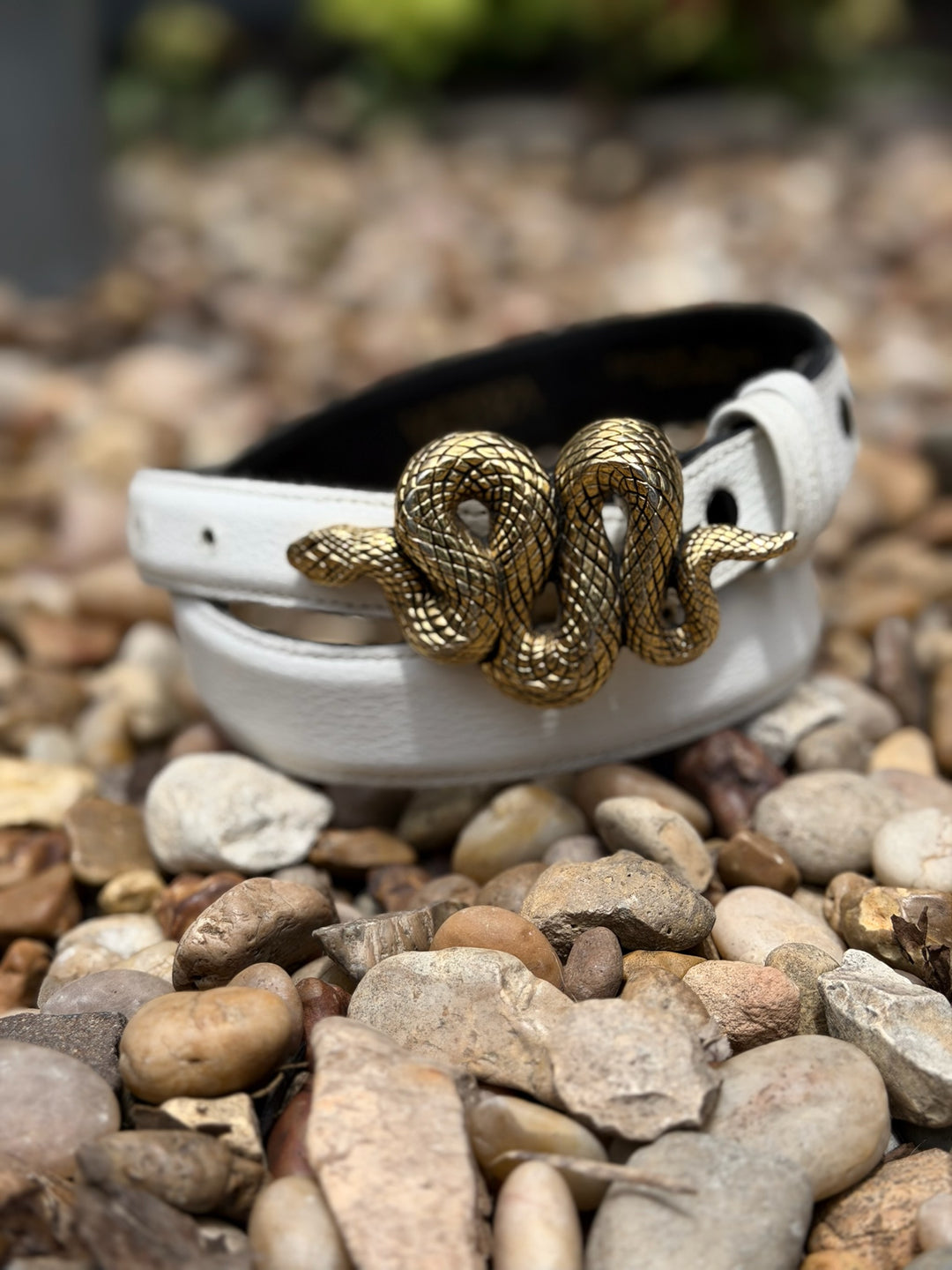 White Leather Belt With Snake Buckle, Vicenza