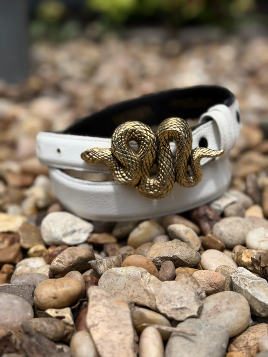 White Leather Belt With Snake Buckle, Vicenza