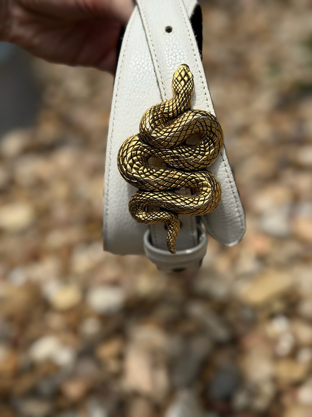 White Leather Belt With Snake Buckle, Vicenza