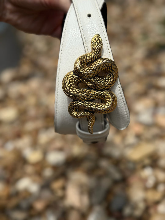 White Leather Belt With Snake Buckle, Vicenza