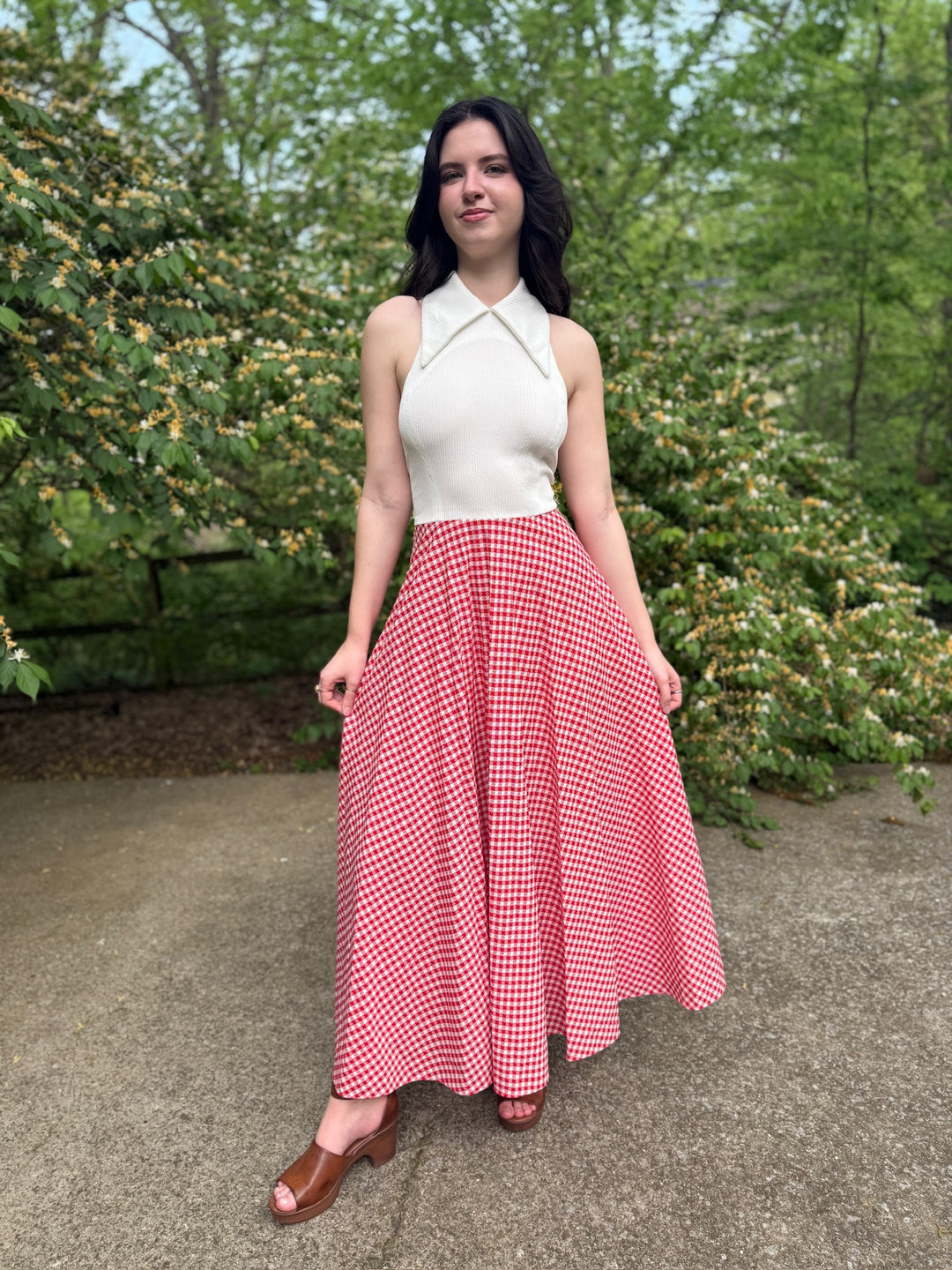 70s White Red Polyester Knit Maxi Halter Dress, Justin McCarty The Hip Zipper Nashville 70s White Red Polyester Knit Maxi Halter Dress, Justin McCarty The Hip Zipper Nashville