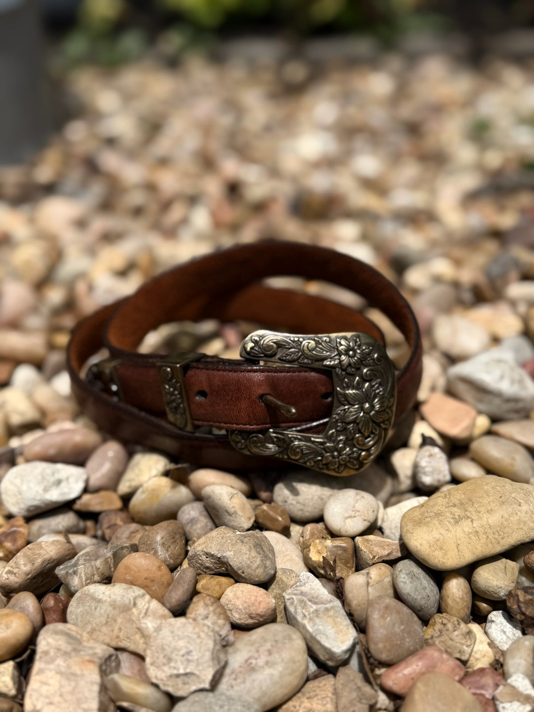 Brown Leather Belt, Ornate Floral Buckle, Brighton