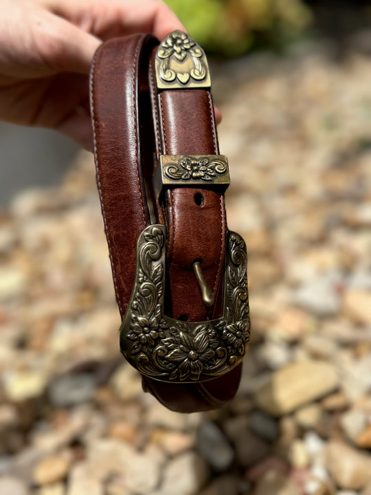 Brown Leather Belt, Ornate Floral Buckle, Brighton