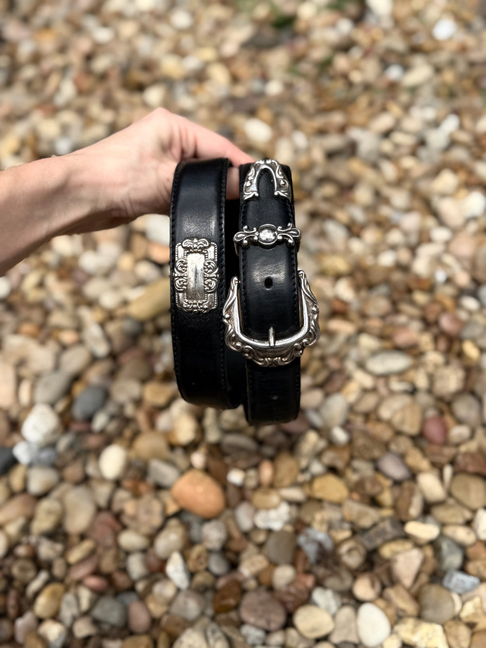 Black Leather Belt, Ornate detail by Fossil