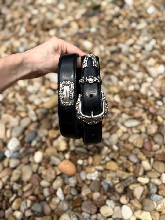 Black Leather Belt, Ornate detail by Fossil
