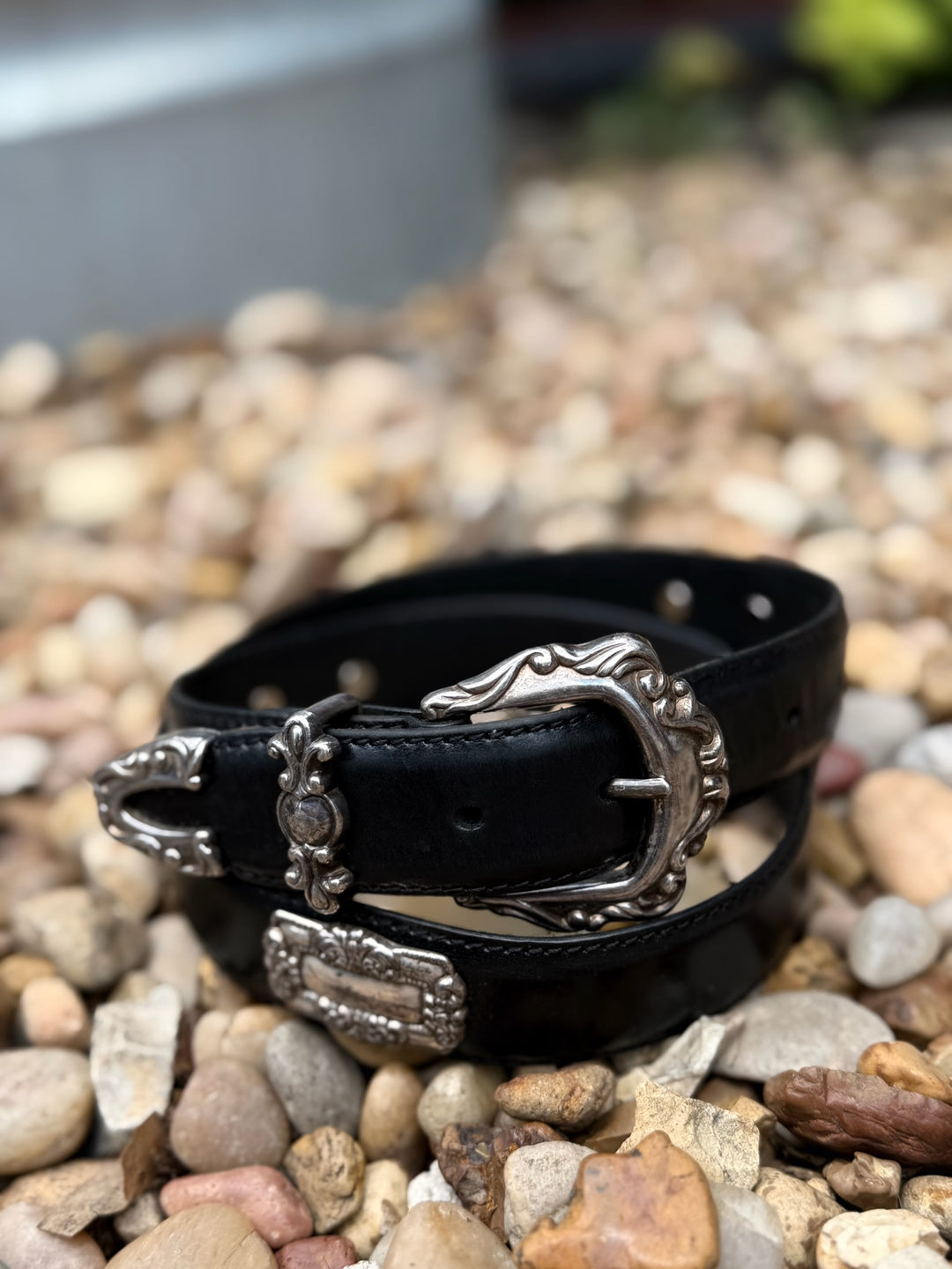 Black Leather Belt, Ornate detail by Fossil