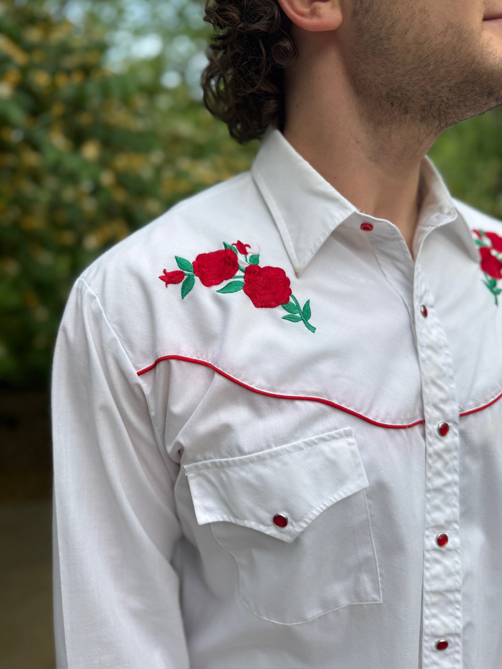 Men's White LS Western Shirt, Red Floral Embroidery, Ely Diamond