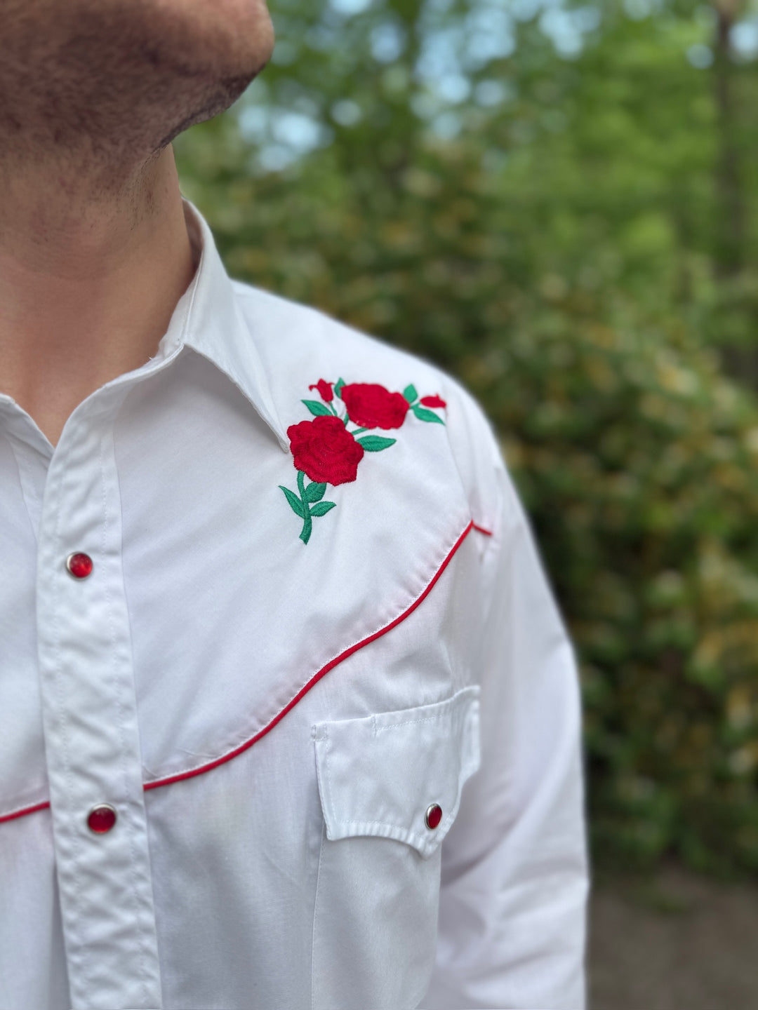 Men's White LS Western Shirt, Red Floral Embroidery, Ely Diamond