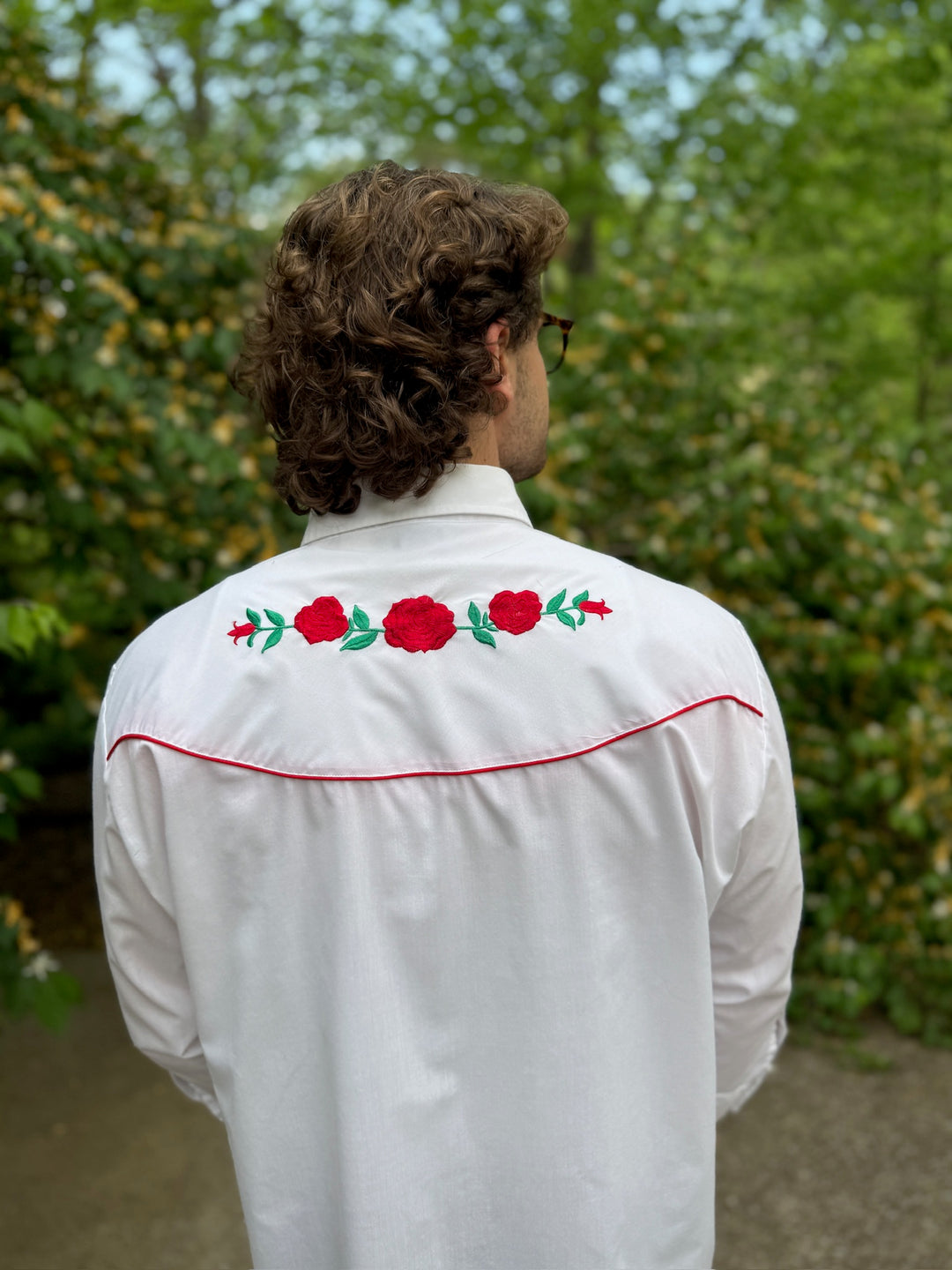 Men's White LS Western Shirt, Red Floral Embroidery, Ely Diamond