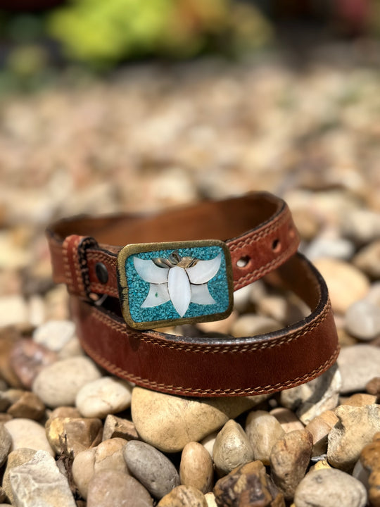 Brown Leather Belt: Feathers, Shell, Turquoise Butterfly Buckle