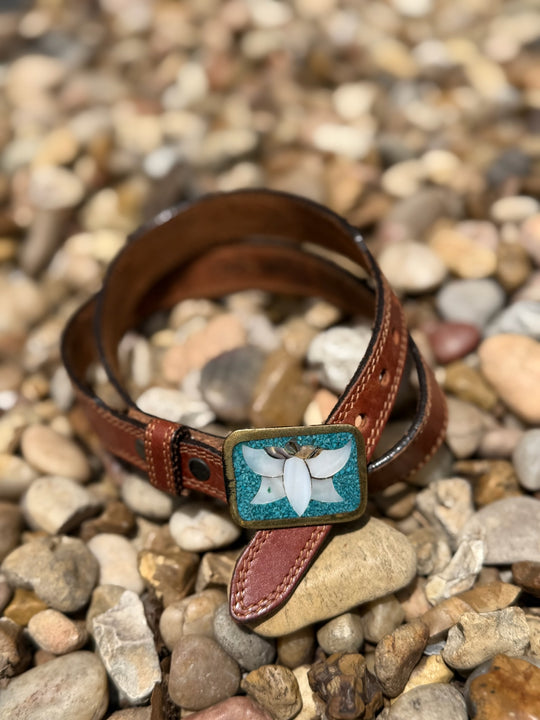 Brown Leather Belt: Feathers, Shell, Turquoise Butterfly Buckle