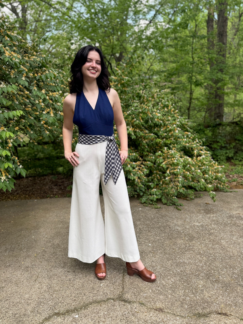 70s Blue White Halter Bell Bottom, Jumpsuit, Ruth Norman For Gay Gibson