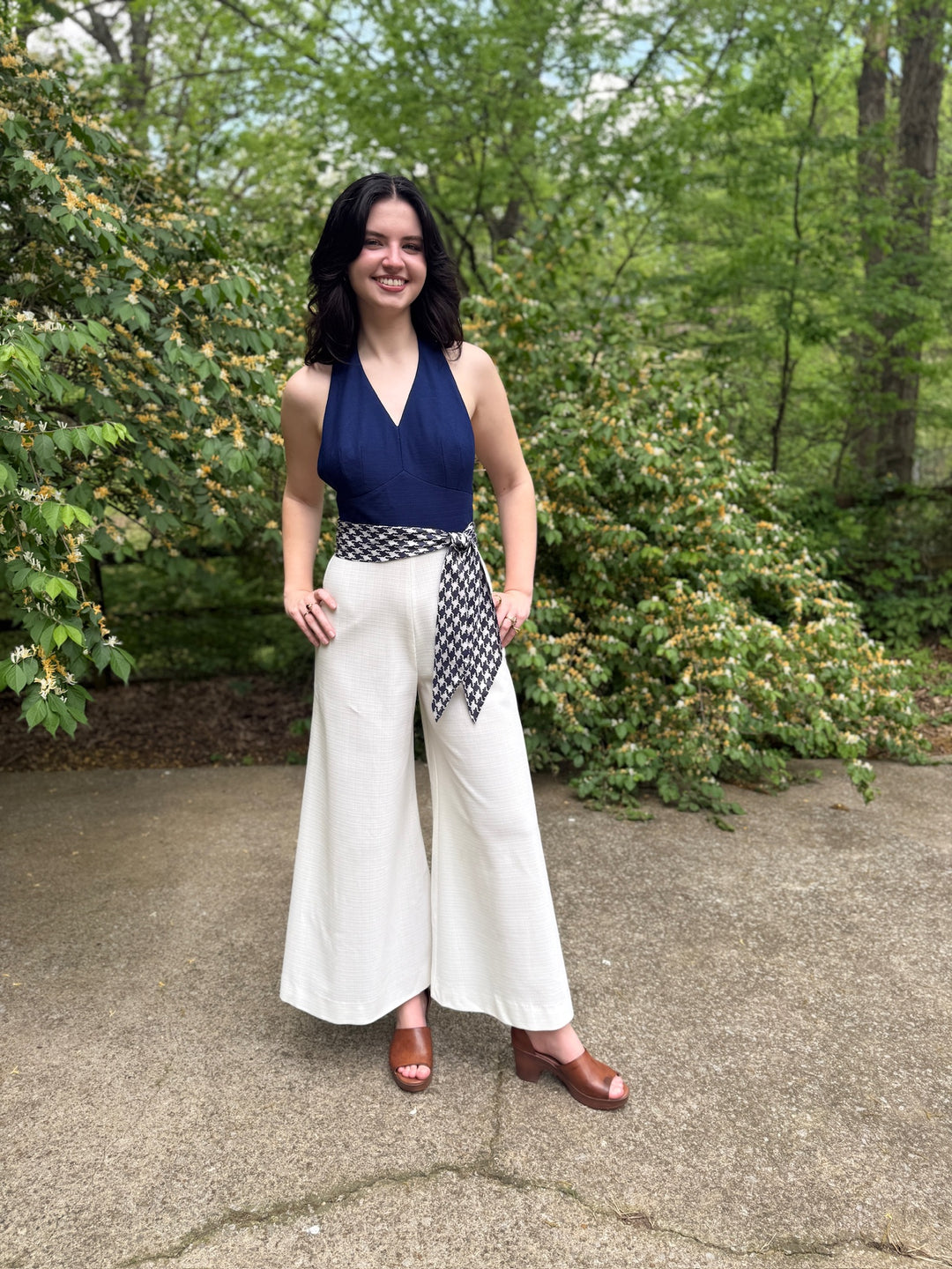 70s Blue White Halter Bell Bottom, Jumpsuit, Ruth Norman For Gay Gibson