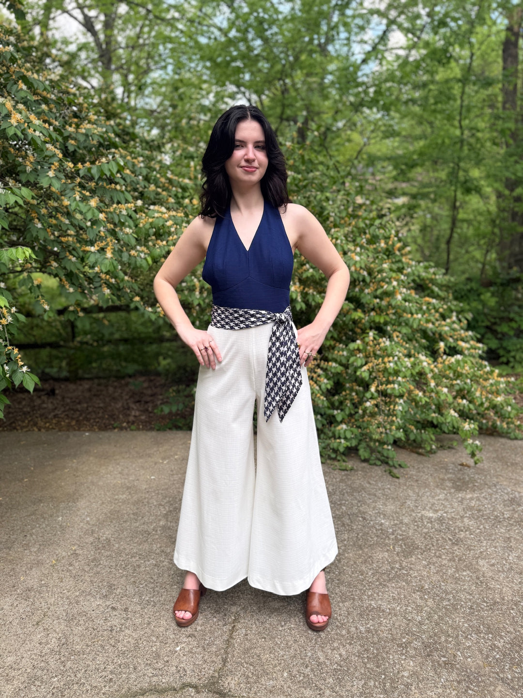 70s Blue White Halter Bell Bottom, Jumpsuit, Ruth Norman For Gay Gibson