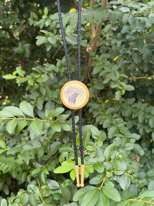 Black Leather Bolo Tie, Scrimshaw Moose Slide