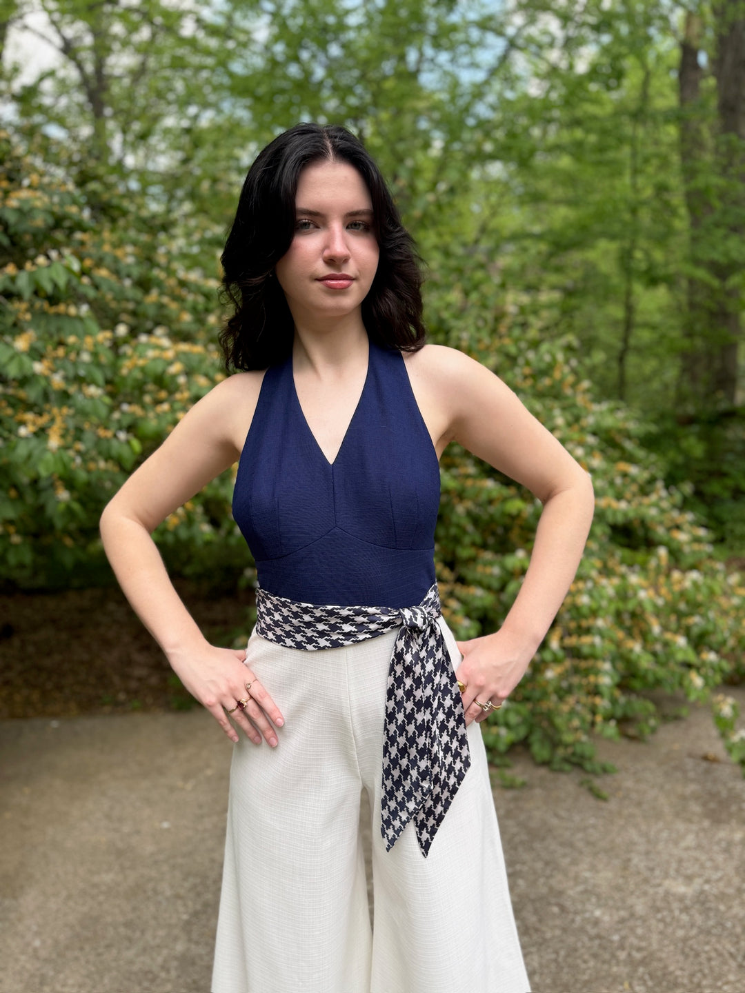70s Blue White Halter Bell Bottom, Jumpsuit, Ruth Norman For Gay Gibson