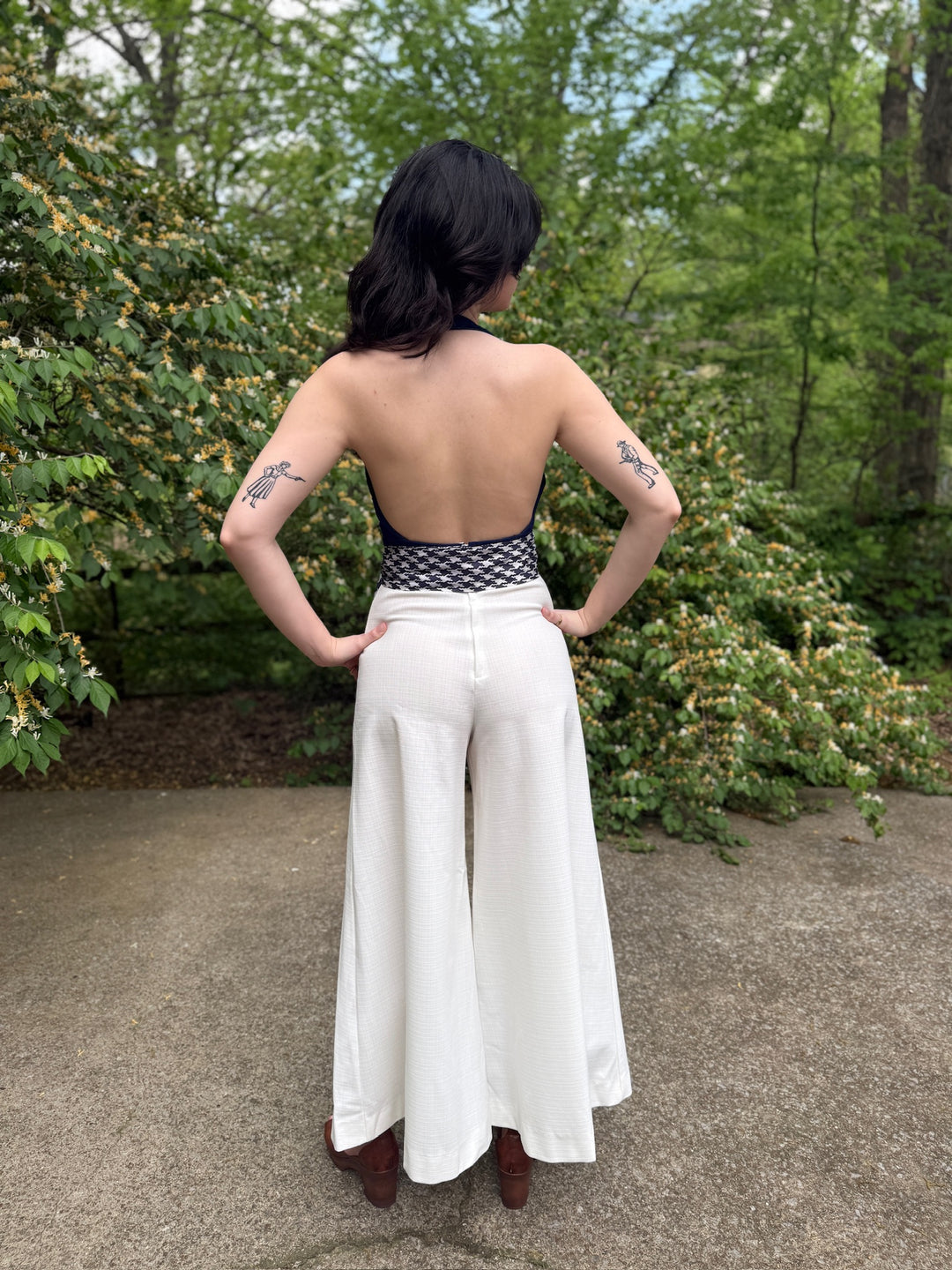 70s Blue White Halter Bell Bottom, Jumpsuit, Ruth Norman For Gay Gibson