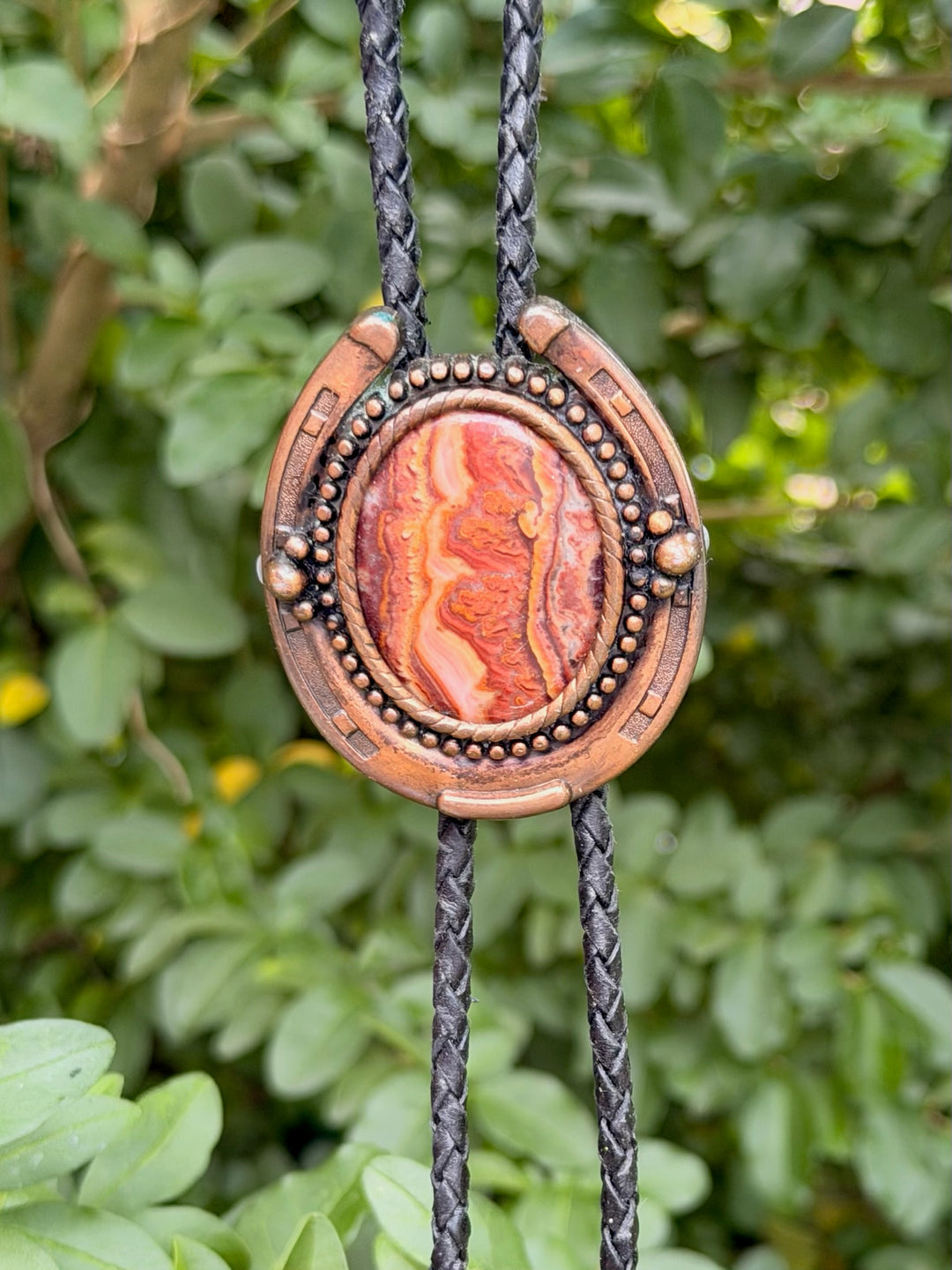 Black Leather Bolo Tie, Horseshoe and Oval Stone Slide