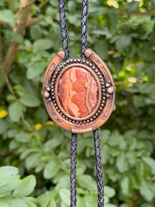 Black Leather Bolo Tie, Horseshoe and Oval Stone Slide