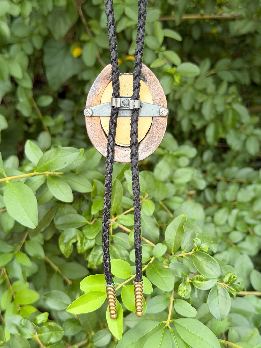 Black Leather Bolo Tie, Horseshoe and Oval Stone Slide