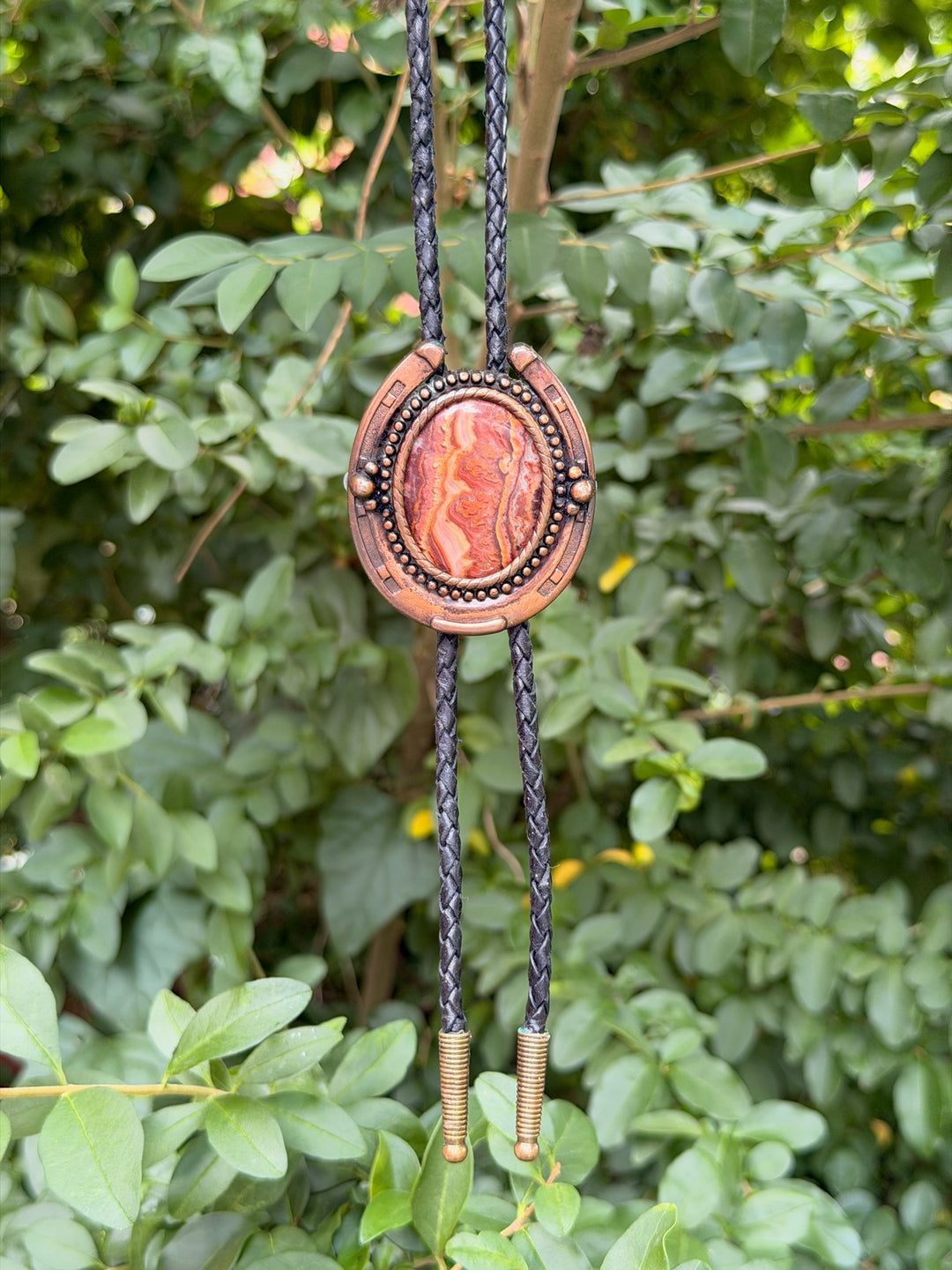 Black Leather Bolo Tie, Horseshoe and Oval Stone Slide