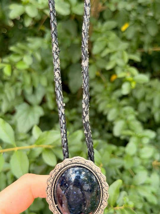 Black leather bolo tie Sparkly Black Oval, Feather Tips