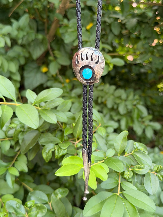 Black Leather Bolo Tie, Sterling Indigenous Bear Paw