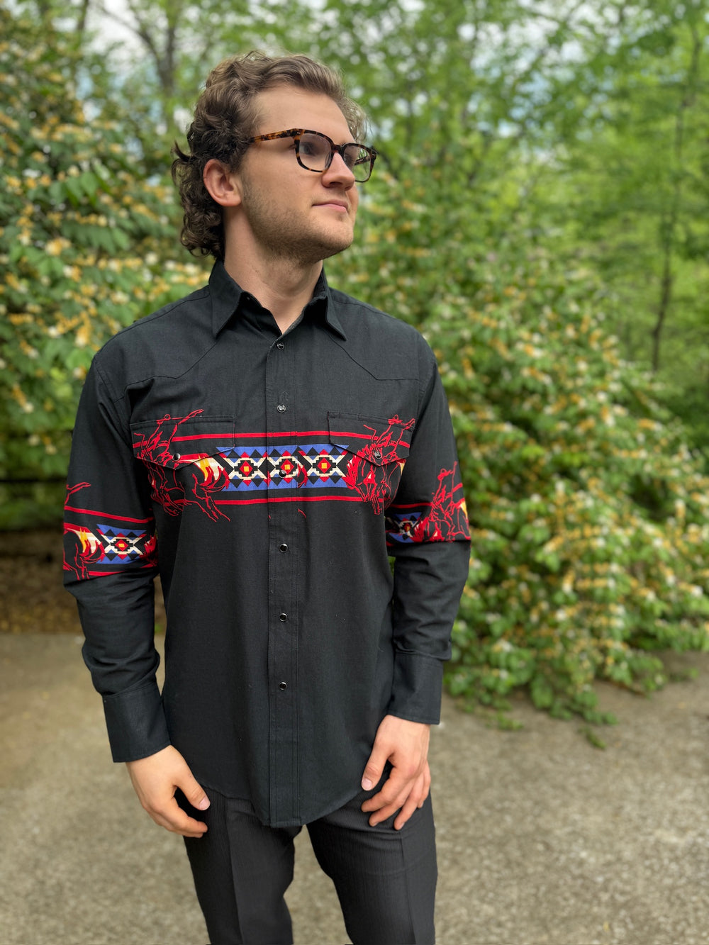 Men's 80s LS Western Shirt, Rodeo Theme, Wrangler