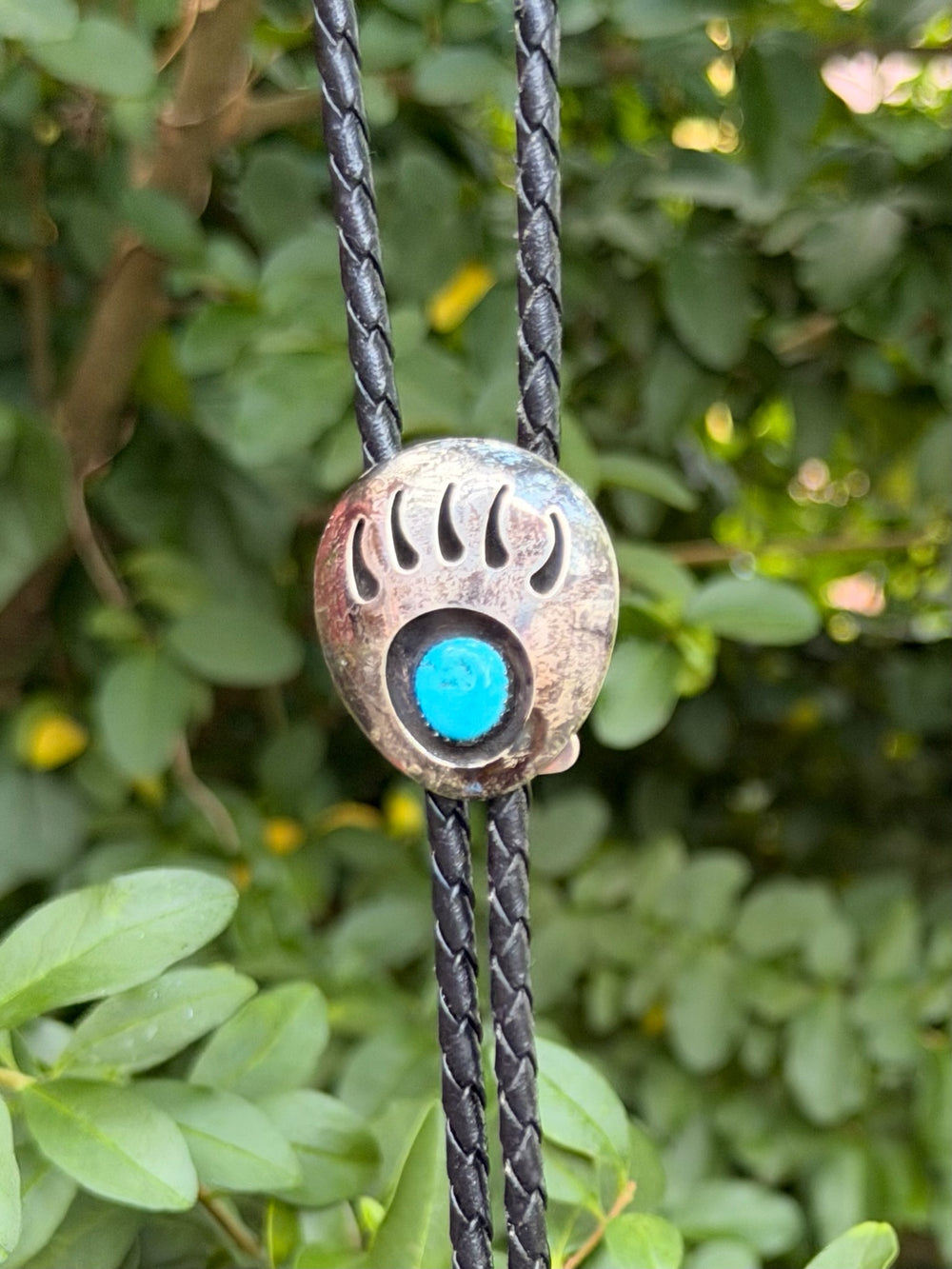 Black Leather Bolo Tie, Sterling Indigenous Bear Paw