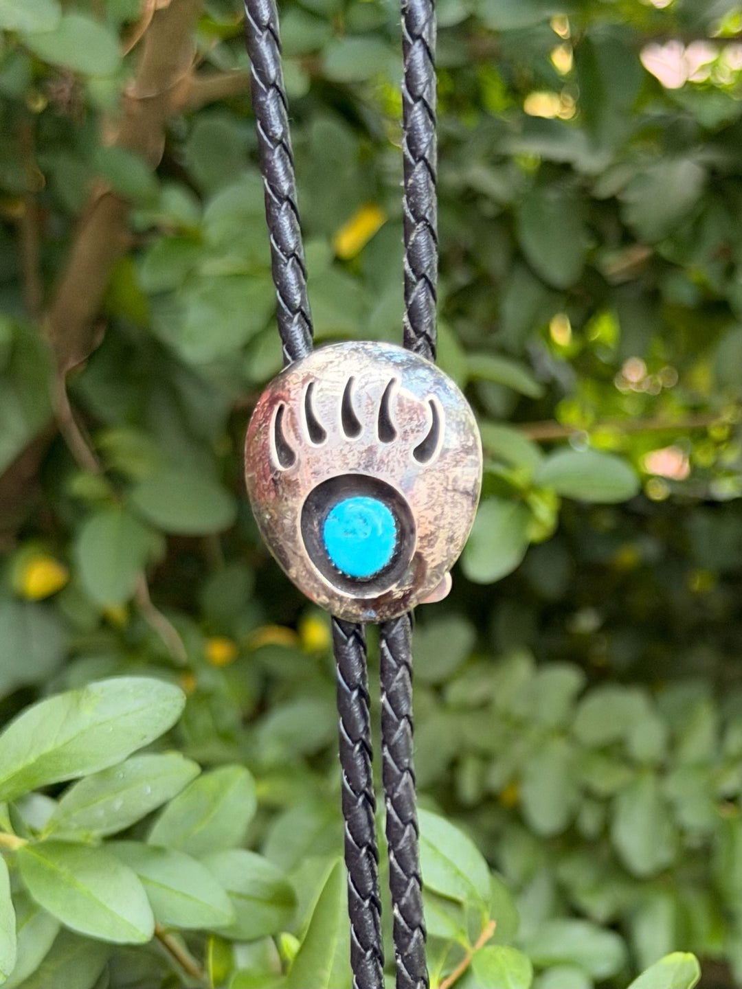 Black Leather Bolo Tie, Sterling Indigenous Bear Paw