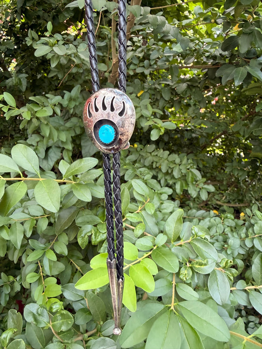 Black Leather Bolo Tie, Sterling Indigenous Bear Paw