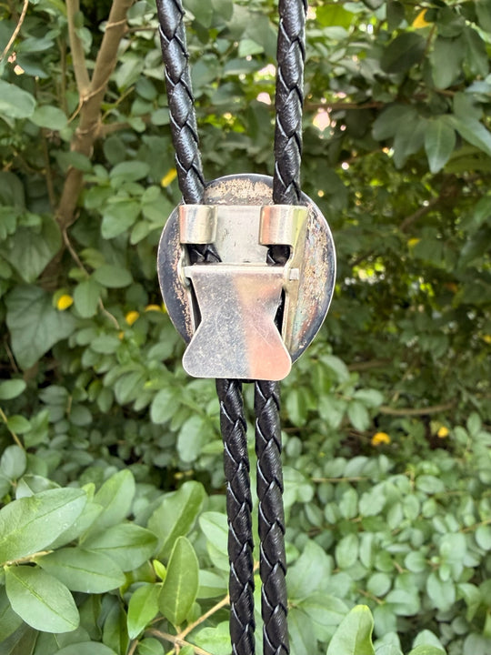 Black Leather Bolo Tie, Sterling Indigenous Bear Paw