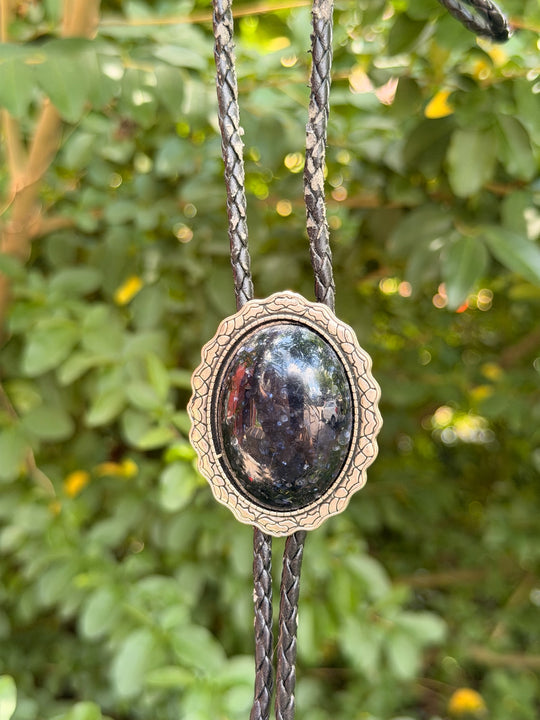 Black leather bolo tie Sparkly Black Oval, Feather Tips