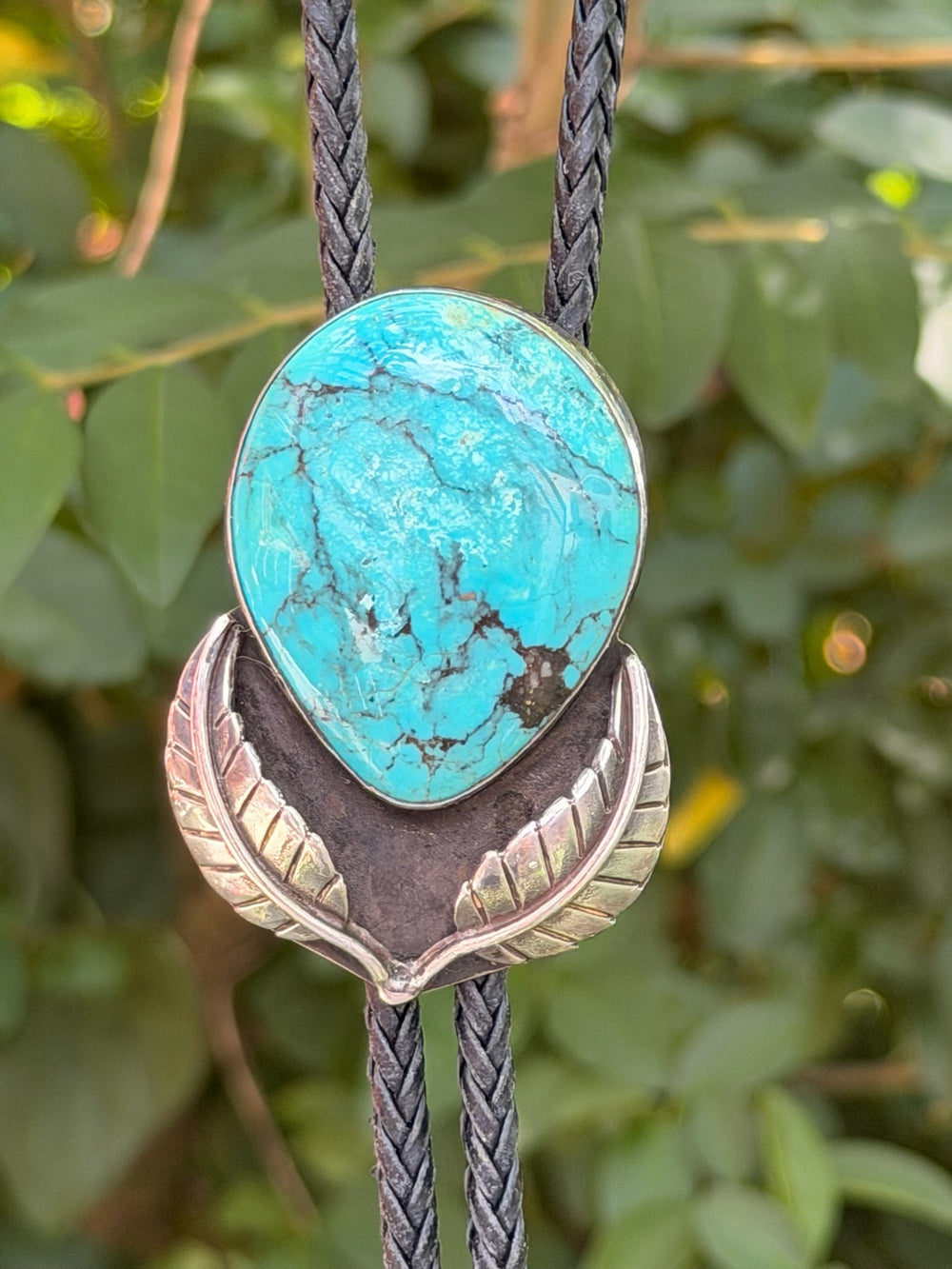 Black Bolo Tie: Sterling and Turquoise Color Slide